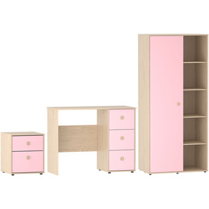 Neptune 3 Piece Bedroom Set - Desk, 2 Drawer Bedside Cabinet, Wardobe - Pink and Oak / MDF by Vida Designs
