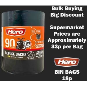 Hero 90L Tie Top Bin Bag Liners Extra Strong - Black by Hero