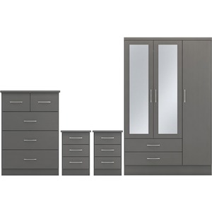 Nevada 3 Door 2 Drawer Mirrored Wardrobe Bedroom Set - 3D Effect Grey by Seconique