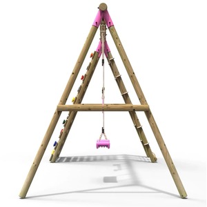 Wooden Double Swing Set with Trapeze Bar and Climbing Wall - Savannah by Rebo