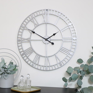 Silver Metal Skeleton Clock 60cm x 60cm - Silver by Melody Maison