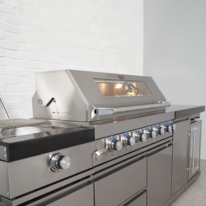 6 Burner BBQ Modular Outdoor Kitchen with Sear Station and Single Fridge Unit by Draco Grills