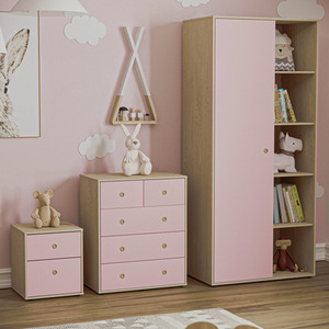 Neptune 3 Piece Bedroom Set - 2 Drawer Bedside Cabinet, 5 Drawer Chest, Wardrobe - Pink and Oak / MDF by Vida Designs