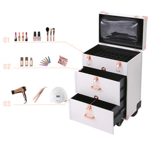 Professional PU Leather 3in1 Makeup Case with Wheels - Rose Gold + White by Livingandhome