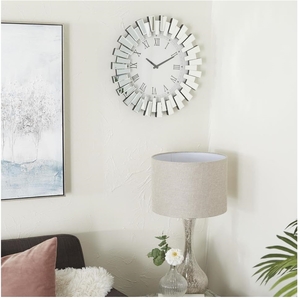 Round Sunburst Mirrored Office Wall Clock Modern - Silver by DEENZ