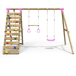Wooden Double Swing Set with Trapeze Bar and Climbing Wall - Savannah by Rebo
