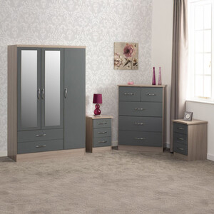 Nevada 3 Door 2 Drawer Mirrored Wardrobe Bedroom Set - Grey Gloss, Light Oak by Seconique