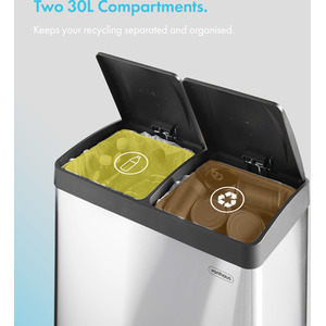 Stainless Steel Recycling Pedal Bin with 2 Compartments - Silver by VonHaus