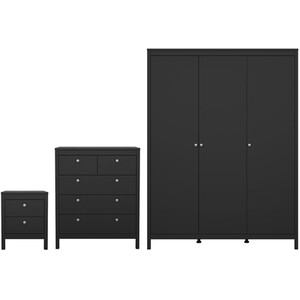 Madrid 3 Piece Bedroom Set - Matt Black / 1 x 2-drawer bedside table, 1 x 5-drawer chest of drawers and 1 x 3-door wardrobe