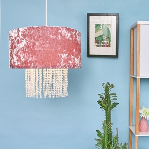 Pink Velvet Cylinder Ceiling Pendant Light Shade With Clear Acrylic Droplets - Pink by ValueLights