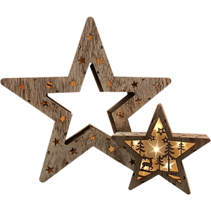 Set of 2 Battery Operated LED Indoor Wooden Christmas Stars - Brown by Samuel Alexander