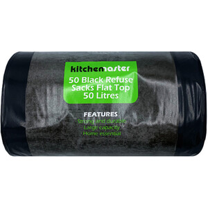 Pack of 50 Refuse Sacks Flat Top 50L - Black by Kitchen Master