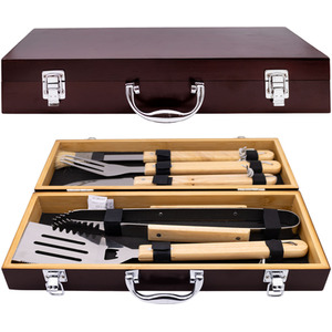 Bamboo BBQ Utensil Kit with Durable Wooden Carry Case - Brown by Maison Des Cadeaux