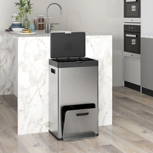 HOMCOM 56L 3 Compartment Kitchen Bin for Recycling and Waste - Silver by HOMCOM