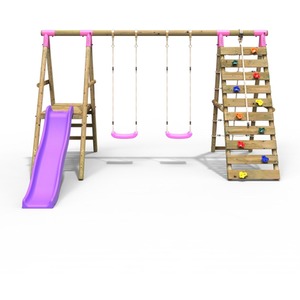 Wooden Double Swing Set with Climbing Wall and Slide - Jade by Rebo