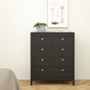 Madrid 3 Piece Bedroom Set - Matt Black / 1 x 2-drawer bedside table, 1 x 5-drawer chest of drawers and 1 x 3-door wardrobe
