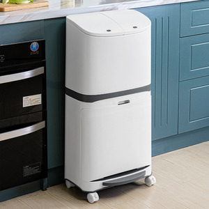 Domestic 2 Layer Flip Top Rubbish Can Recycled Pedal Dustbin With Wheels - White by Livingandhome