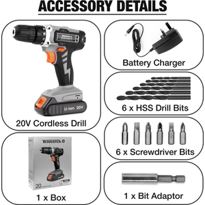 Cordless Drill 20V Li-Ion Fast Charge Electric 13pc Kit - Grey by Terratek