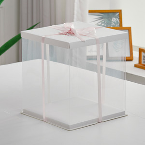 Transparent Cake Box with Ribbon - White / 30 x 30 x 35cm by Livingandhome