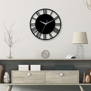 Round Roman Numeral Dial Wall Clock with Silver Hands - Black & Silver by Livingandhome