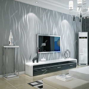 Modern Silver 3D Wave Striped Non Woven Embossed Flocking Wallpaper - Sliver Grey by Livingandhome