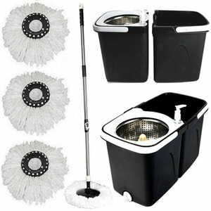 Black Spin Mop And Bucket With 3 Microfibre Heads - Black by Gr8 Home