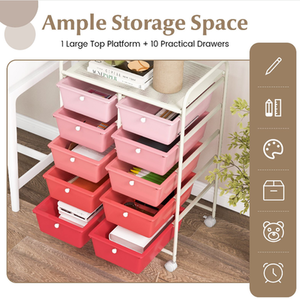 Storage Rolling Cart with 10-Drawer - Pink by Costway