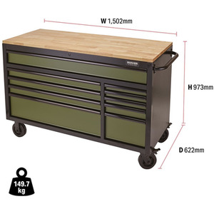 Draper Bunker Roller Workstation with Workbench - Green / Roller Tool Cabinet 10 Drawer by Draper
