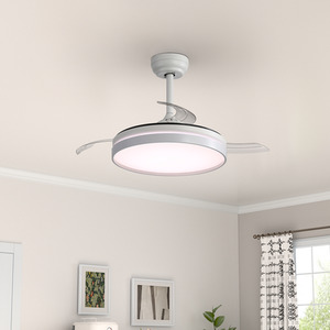 Round LED Ceiling Fan Light with Retractable Blades - White by Livingandhome