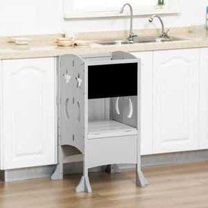 HOMCOM Kids Step Stool Toddler Kitchen Stool with Blackboard Lockable Handrail - Grey by HOMCOM