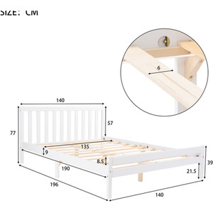 Solid Wooden Bed Frame for Adults Kids - White / 140cm by Abrihome