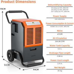 63L Commercial Industrial Dehumidifier - Grey by Costway