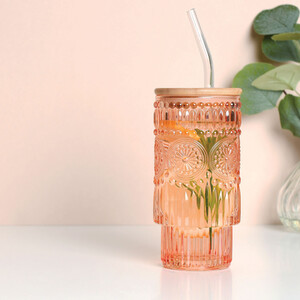 Pack of 4 Peach Boho Tumblers with Lid and Straw - Peach