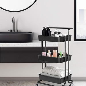 Storage Trolley On Wheels 3 Tier Basket Organiser Cart - Black by HyFive