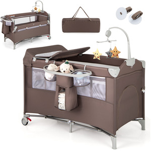 5-In-1 Portable Baby Bassinet Crib Bedside Sleeper - Brown by Costway