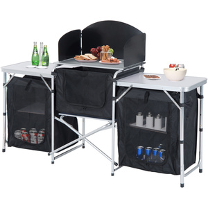Outsunny Folding Camping Kitchen Portable Picnic Cooking Table - Black by Outsunny