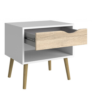 Oslo 3 Piece Bedroom Set - White and Oak / 1 x single drawer bedside, 1 x 5-drawer chest of drawers and 1 x 3-door 3-drawer wardrobe