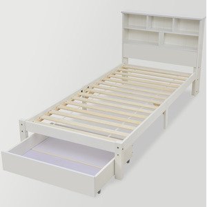 Wooden Storage Bed with shelves and Underbed Drawer - White / 100cm by Abrihome