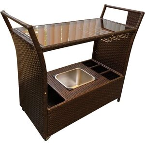 Rattan Serving Trolley Cart Bar Cart on Wheels with Removable Ice Bucket - Brown by Furniture One
