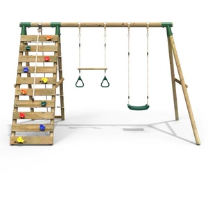 Wooden Double Swing Set with Trapeze Bar and Climbing Wall - Savannah by Rebo