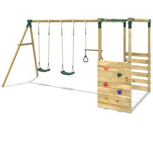 Wooden Swing Set with Trapeze, Climbing Wall and Monkey Bars - Comet by Rebo
