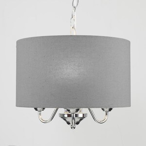 Modern Chrome 3 Way Curved Arm Grey Linen Slimline Drum Ceiling Light Pendant - Silver by ValueLights