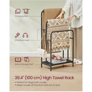 VASAGLE 3-Bar Towel Holder with Hooks - Black by VASAGLE