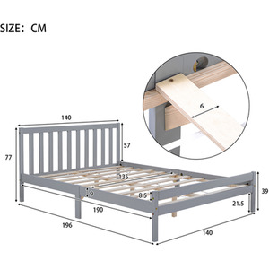 Solid Wooden Bed Frame for Adults Kids - Grey / 135cm by Abrihome