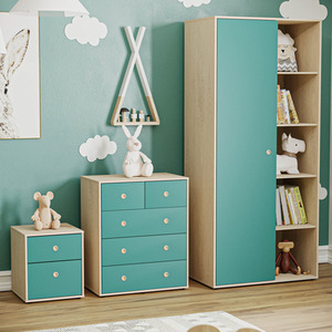 Neptune 3 Piece Bedroom Set - 2 Drawer Bedside Cabinet, 5 Drawer Chest, Wardrobe - Blue and Oak / MDF by Vida Designs