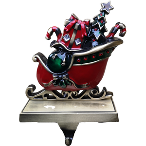Festive Present Filled Sleigh Christmas Stocking Hanger - Red and Green by Samuel Alexander
