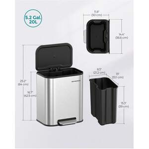 SONGMICS 20L Soft-Close Pedal Kitchen Bin - Silver by SONGMICS