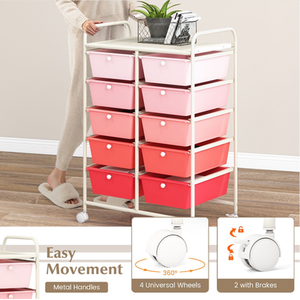 Storage Rolling Cart with 10-Drawer - Pink by Costway