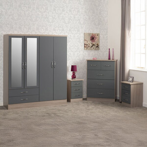 Nevada 4 Door 2 Drawer Mirrored Wardrobe Bedroom Set - Grey Gloss, Light Oak by Seconique