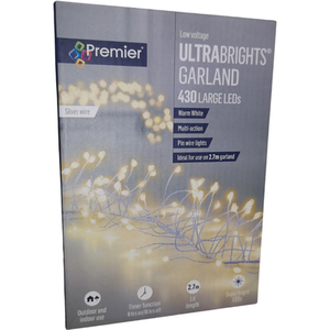 430 LED 2.7m Premier Christmas Outdoor 8 Function Garland Wire Lights Warm White - White by Samuel Alexander